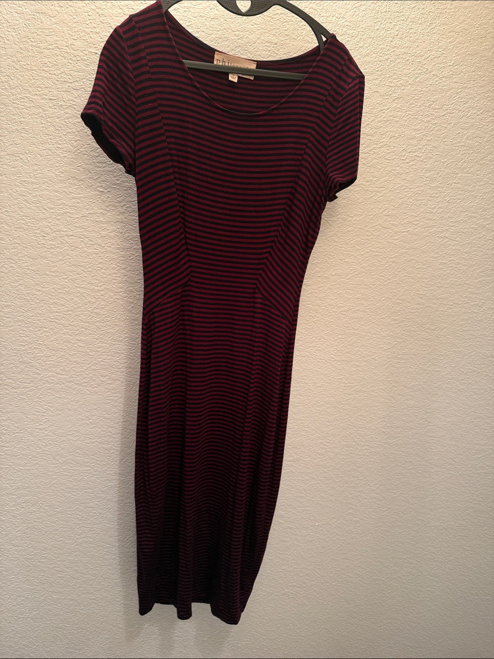 Philosophy Striped Short-Sleeve Midi Dress — Burgundy and Black
